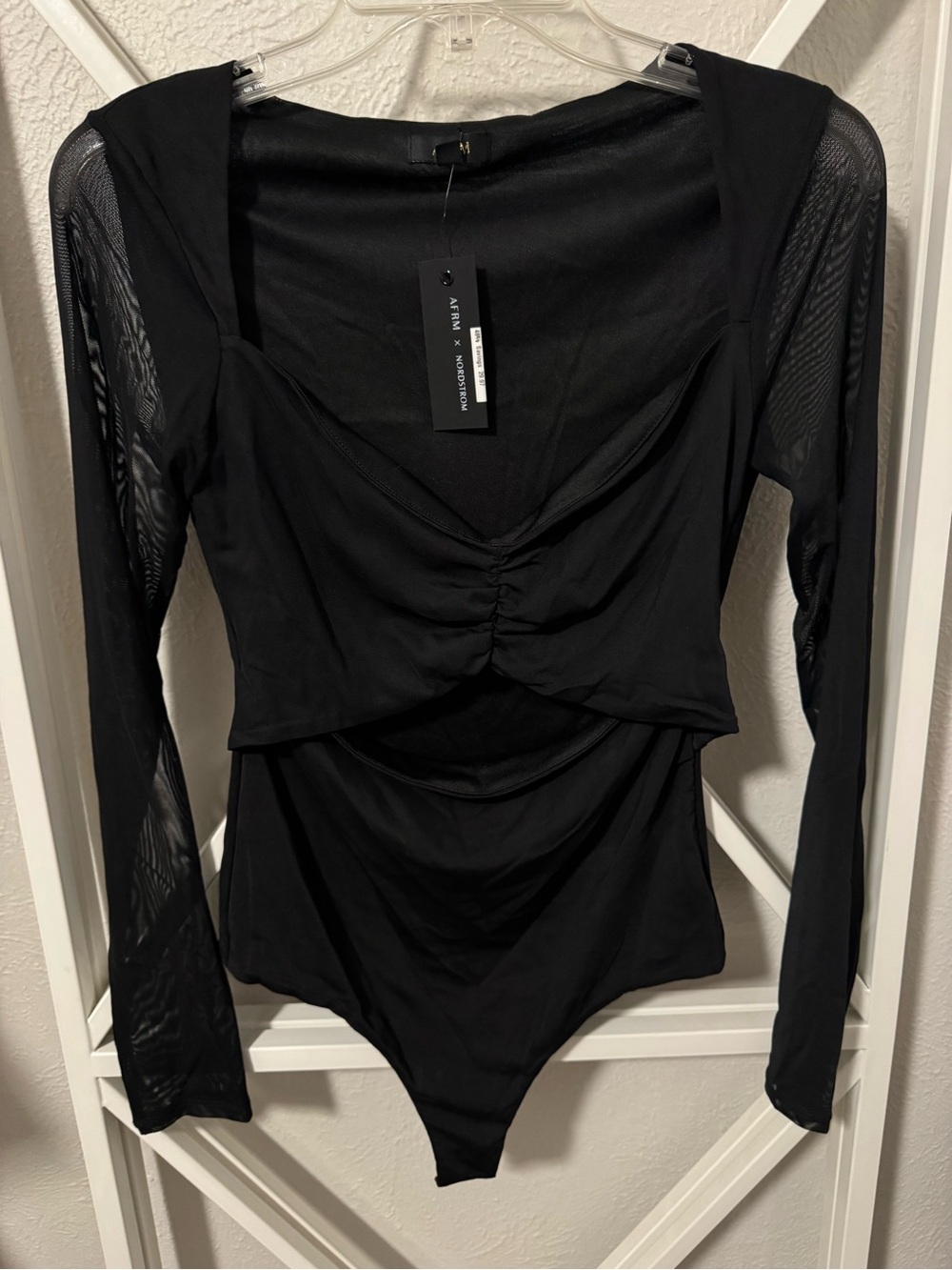 Nordstrom Black Long-Sleeve Ruched Mesh Bodysuit
